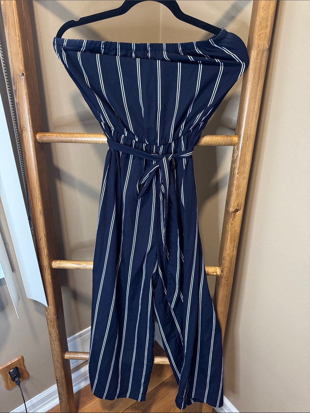 Soprano Navy Blue Striped Strapless Jumpsuit
